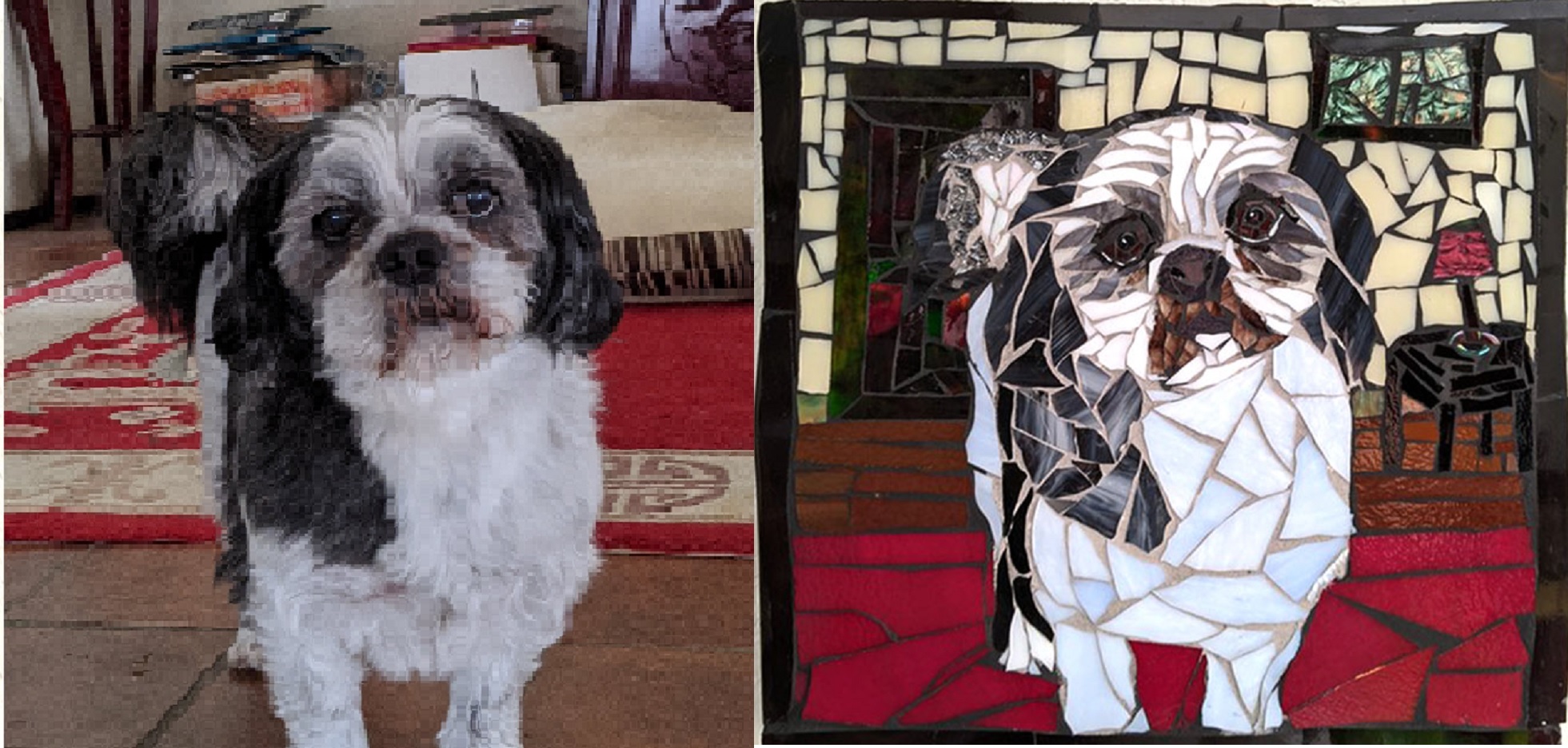 A stained Glass Mosaic Portrait of a Shizue Dog
