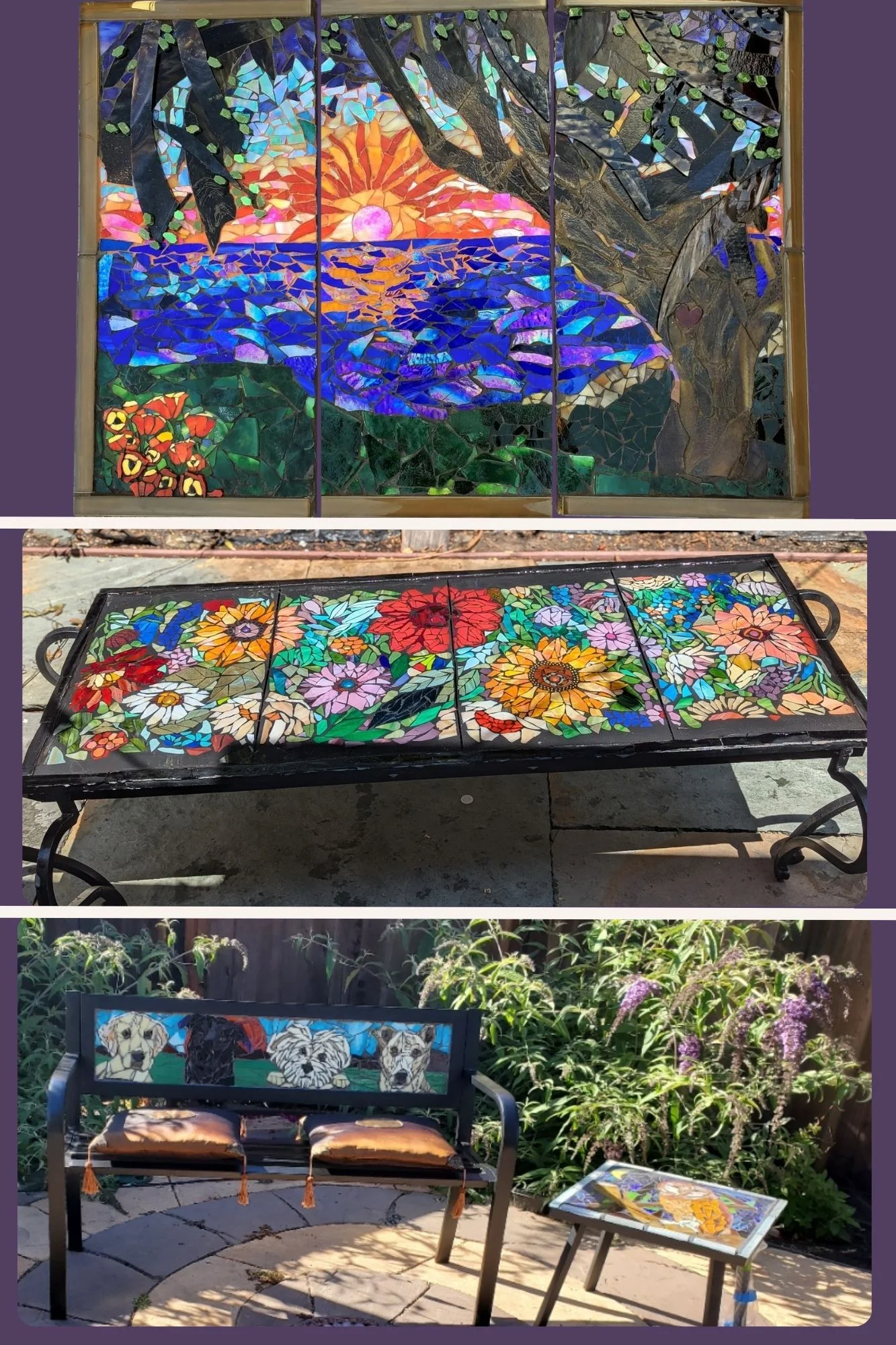 Compiled image showcasing a three-panel stained glass mosaic triptych of a sunset over the ocean, a handcrafted mosaic flower patio table with a recycled iron frame, and a custom garden bench featuring stained glass mosaic portraits of four dogs. Perfect for outdoor décor, personalized pet memorials, and eco-friendly artistic furniture.