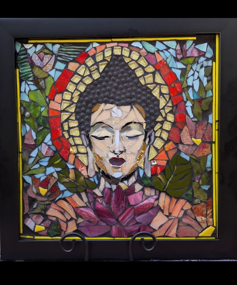 Inner Radiance – Stained Glass Mosaic by Alicia Taylor Low | Solstice Art Collection Inner Radiance – Stained Glass Mosaic by Alicia Taylor Low<br />
A glowing stained glass mosaic featuring warm golds, pinks, and deep amber tones forming a central spiral of light. Hand-cut glass, beads, and soulful materials radiate outward in soft waves. Part of the Rooted in Radiance Solstice collection, this piece honors the sacred brilliance we carry within.</p>
<p>
