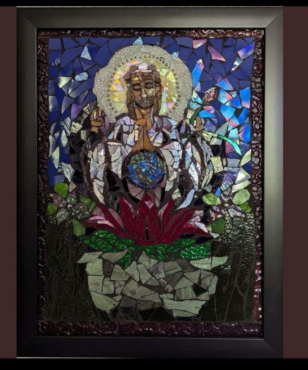 Dancing Kali – Framed 18x20 Stained Glass Mosaic Art by Alicia Taylor Low Framed stained glass mosaic titled Dancing Kali, created by artist Alicia Taylor Low. This 18x20 artwork features the Hindu goddess Kali in bold jewel tones, fiery reds, and black glass. A spiritual, symbolic piece representing transformation, sacred destruction, and feminine power. Part of the Rooted in Radiance Solstice collection.