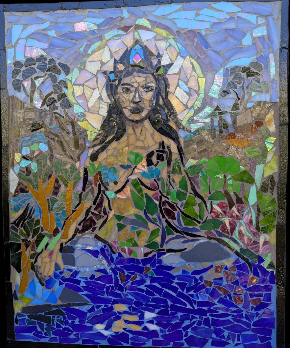 Embodied Earth – Stained Glass Mosaic by Alicia Taylor Low Embodied Earth stained glass mosaic by Alicia Taylor Low, 16x20 inches. Features rich gold and earth-toned glass arranged in natural patterns. Part of the Rooted in Radiance Solstice Collection.